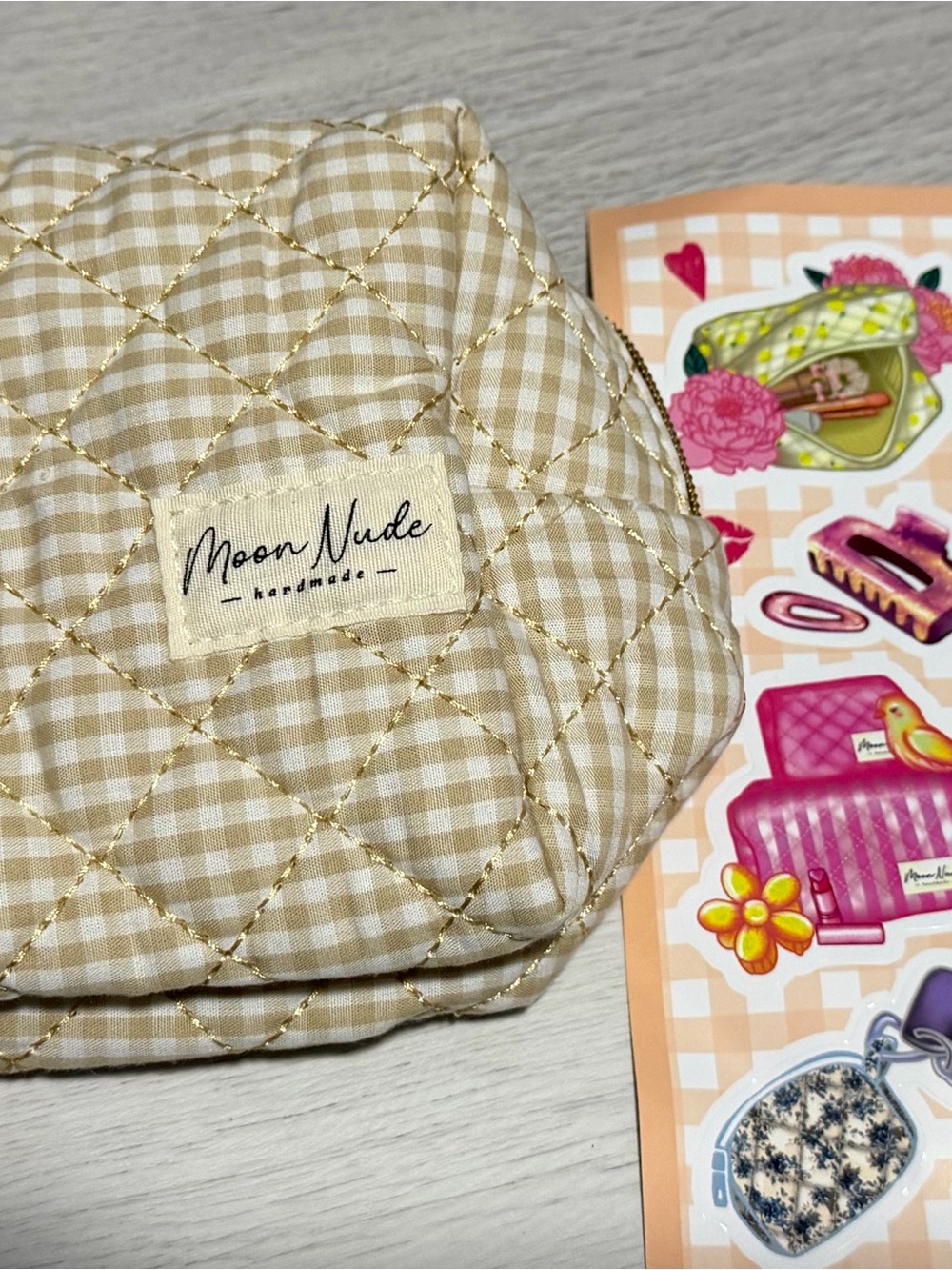 Moon Nude Quilted Beige Gingham Cosmetic Pouch